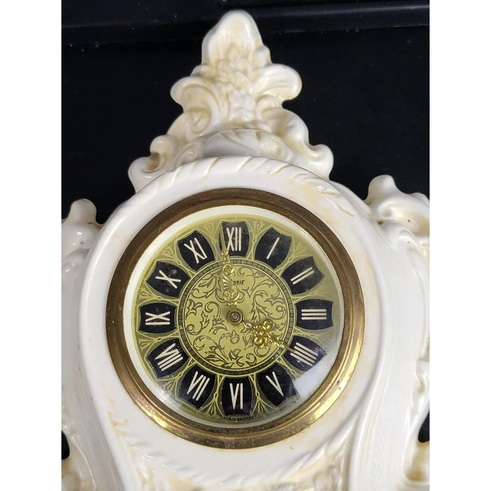 Vintage Mercedes Table Clock‎ Germany Porcelain Ornate Desk Shelf Decor Mantle